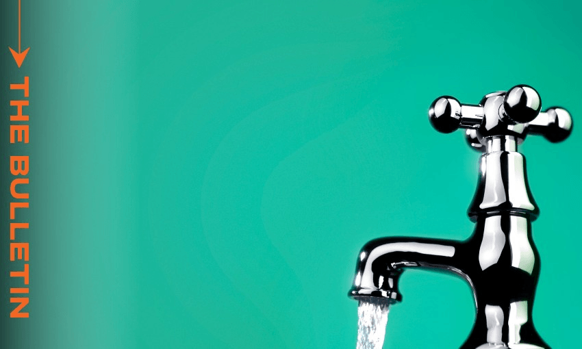 A running water tap on a green background