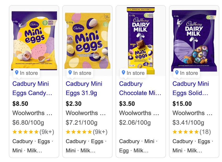 A screenshot of Woolworths prices for Cadbury easter products, showing the prices of mini eggs being twice as much as Cadbury dairy milk eggs