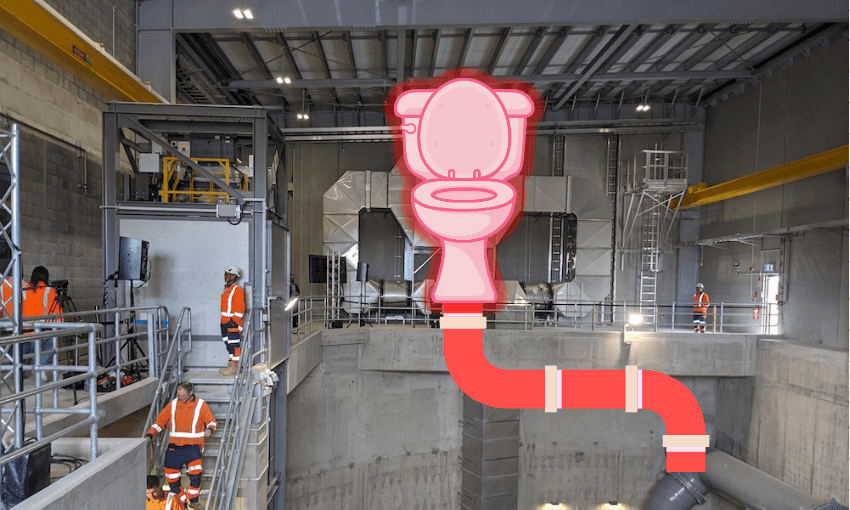 a big deep hole with some hi-vis workes talking down stairs and apink toilet overlaid onto a pipe in front