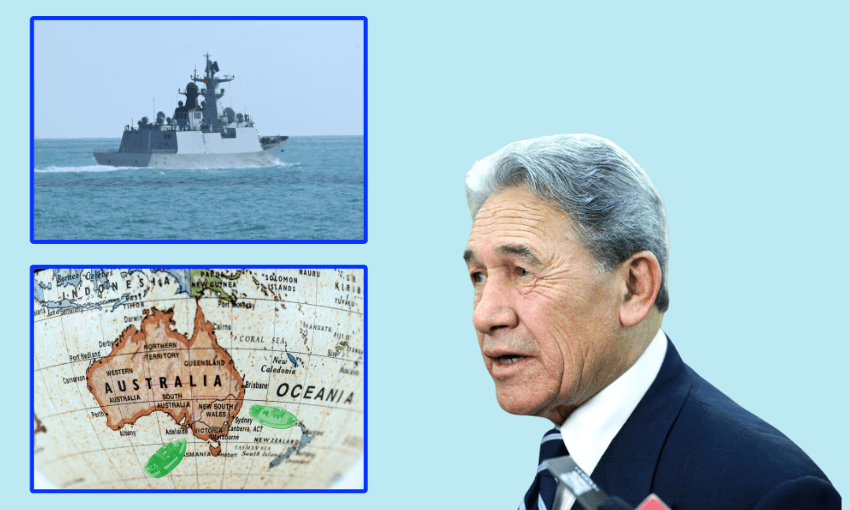 a light brown background with Winston peters and a grey boat in the ocaen plus a map of the tasman sea with two green boats flating in it
