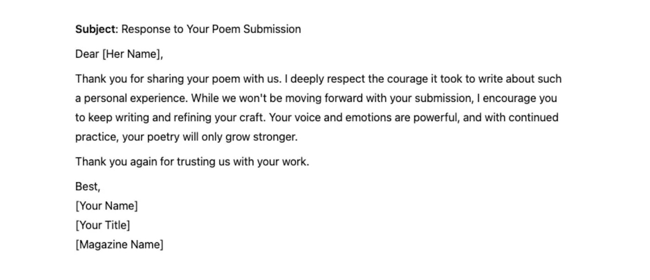 a white screen with a polite rejection email written by AI with gaps left for the 'writer' to add a name of the recipient