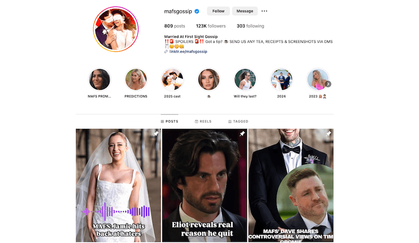 A screenshot of the MAFSgossip instagram page teeming with salacious headlines