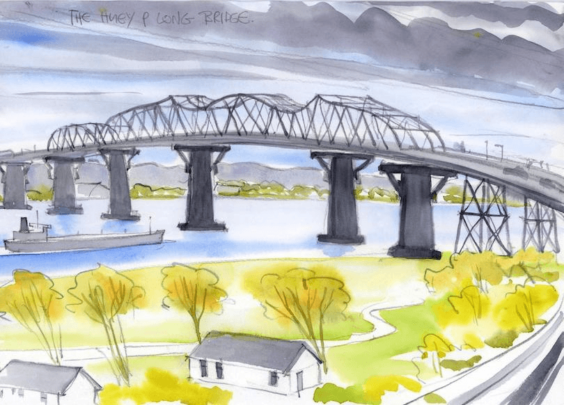 Watercolour illustration of a bridge arching over a wide river with a boat passing underneath. The foreground features small houses and trees, and the background shows a cloudy sky. The words "The Huey P Long Bridge" are handwritten at the top.