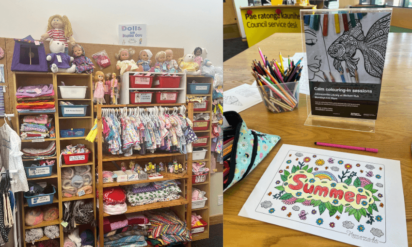 On the left is a shelf filled with doll clothing and on the right, a completed colouring in stencil