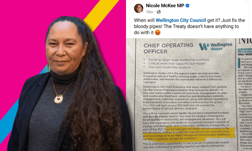 A woman stands in front of a colorful painted wall. Beside her is a social media post about Wellington City Council's water services, mentioning the Treaty.