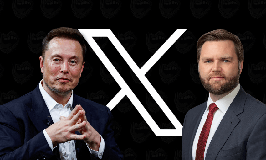 A black background with a white 'X', the social media platform logo, and Elon Musk and JD Vance's portraits on either side