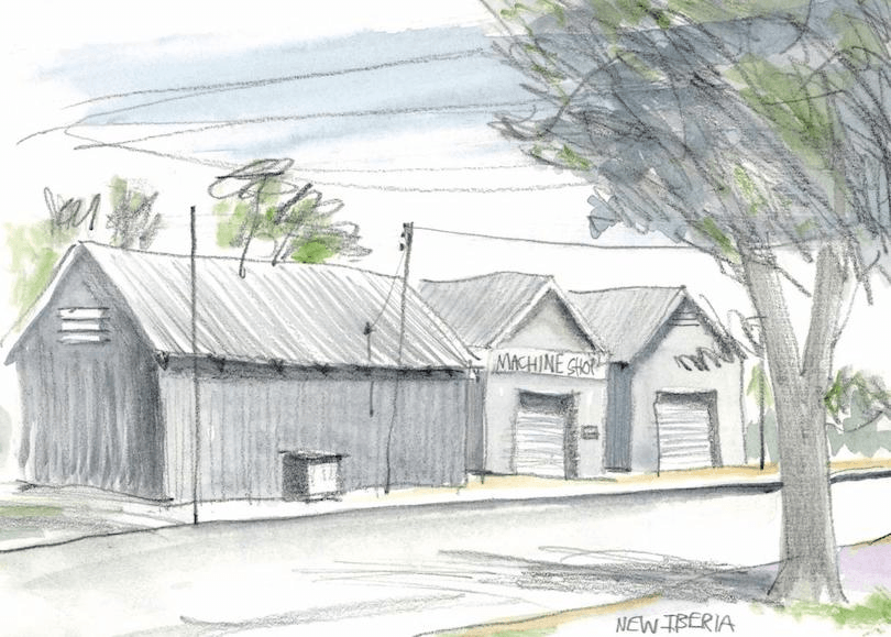 A sketch of two grey industrial buildings with metal roofs, labeled "Machine Shop," lined with garage doors. A tree with leafy branches is in the foreground. The scene is shaded and has a sign that reads "New Iberia".