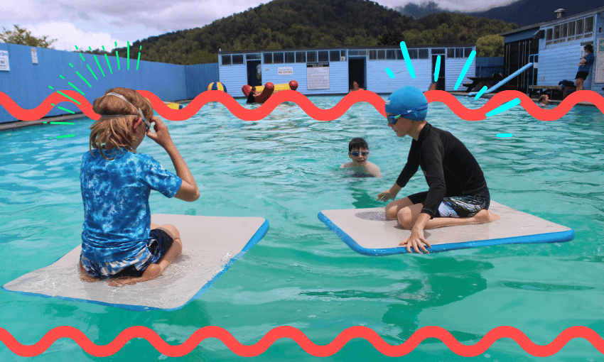 Children enjoy the Blackball Pool, hand dug by miners on strike a century ago. (Photo: Lynne McKenzie, additional design: The Spinoff) 
