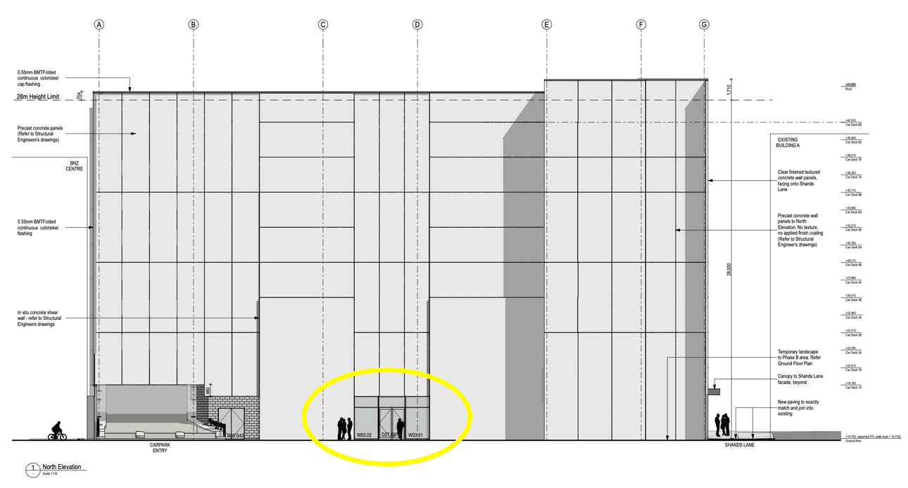 Black and white architect plans for the north side of the building