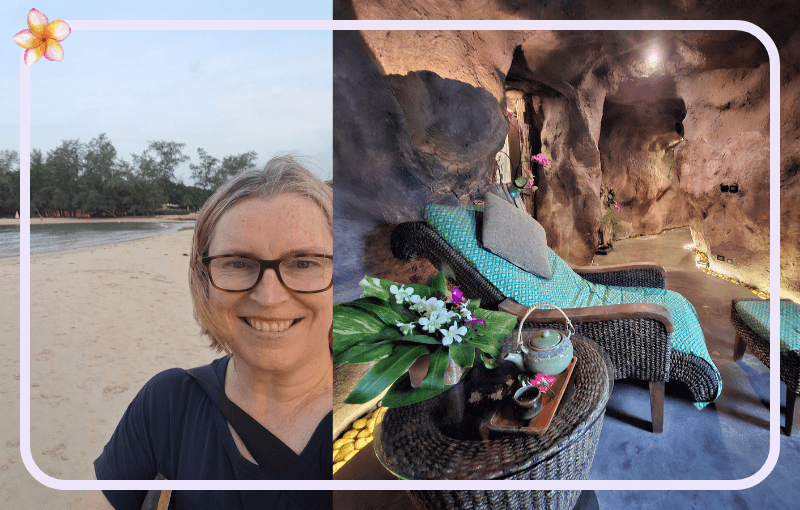 A woman with glasses smiles for a selfie on a beach. Beside her, there's an image of a cozy spa room with wicker lounge chairs, cushions, and decorative plants, set in a cave-like environment.