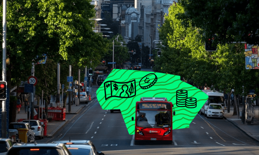 a busy auckland street with several buses and cars. one stands out, with a zigzaggy green background behind it and doodles of coins and cash