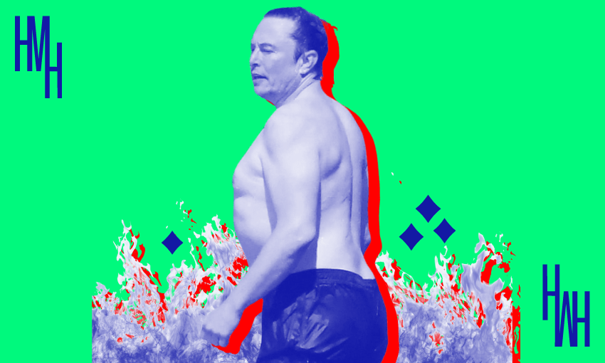 Elon Musk, with hellfire in background