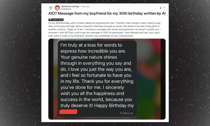 a screenshot of a reddit post where a woman asks about her boyfriend's birthday message. the message is long and clearly written by AI