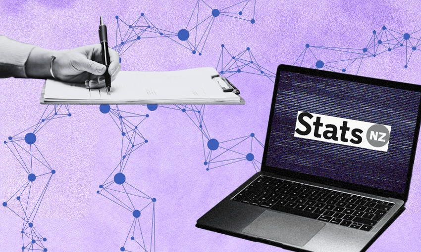 A collage featuring a hand writing on a clipboard and an open laptop displaying "Stats NZ" on the screen. The background is purple with a network of connected blue dots and lines.