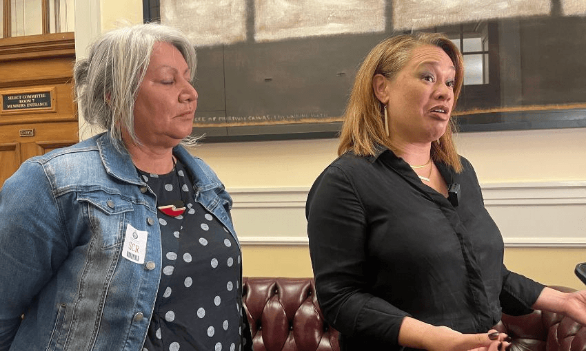 Wellington mayor Tory Whanau and councillor Liz Kelly talk to media inside parliament.