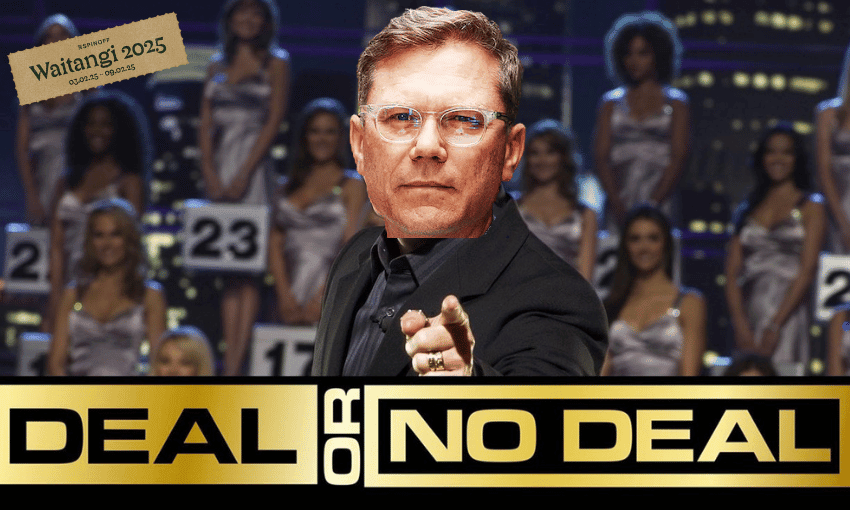 A man in glasses points towards the camera on the "Deal or No Deal" set, surrounded by models holding numbered briefcases. The show logo is displayed prominently at the bottom.