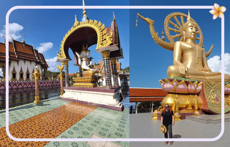 A collage of two images featuring large golden Buddha statues under blue skies. The left image shows a seated Buddha under an ornate arch next to a temple. The right image shows a giant seated Buddha with a person standing nearby.