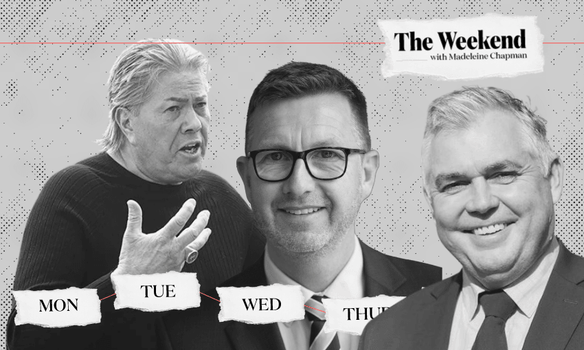 A black and white collage showing Brian Tamaki, Simon Court and Mark Mitchell with "The Weekend" branding over the top