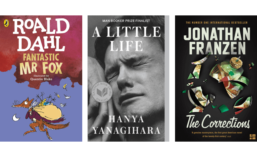 Covers of Fantastic Mr Fox, A Little Life, and The Corrections.