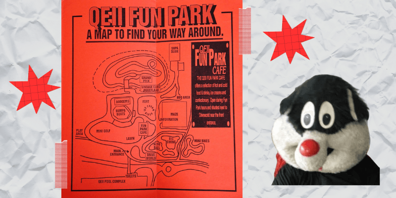 a printout map of the park on red paper, also, the head of the mascot