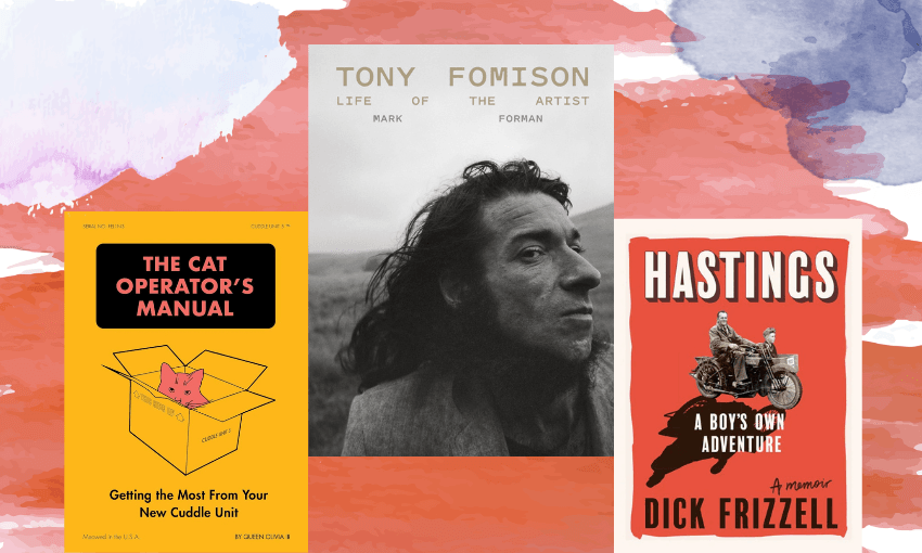 Three book covers with water colour paint in the background.