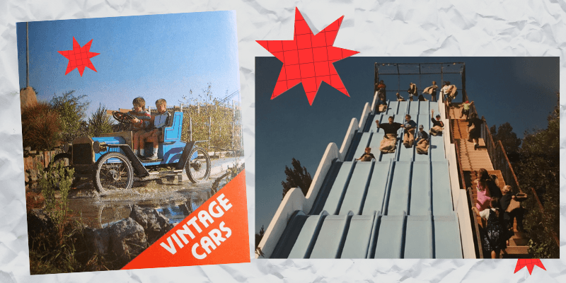 two children driving a small vintage car and many people at once sliding down a big slide