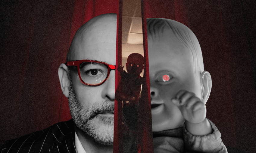 half of director james ashcroft's head, half of creepy puppet jenny pen's head, in black and qhite on a blood red background