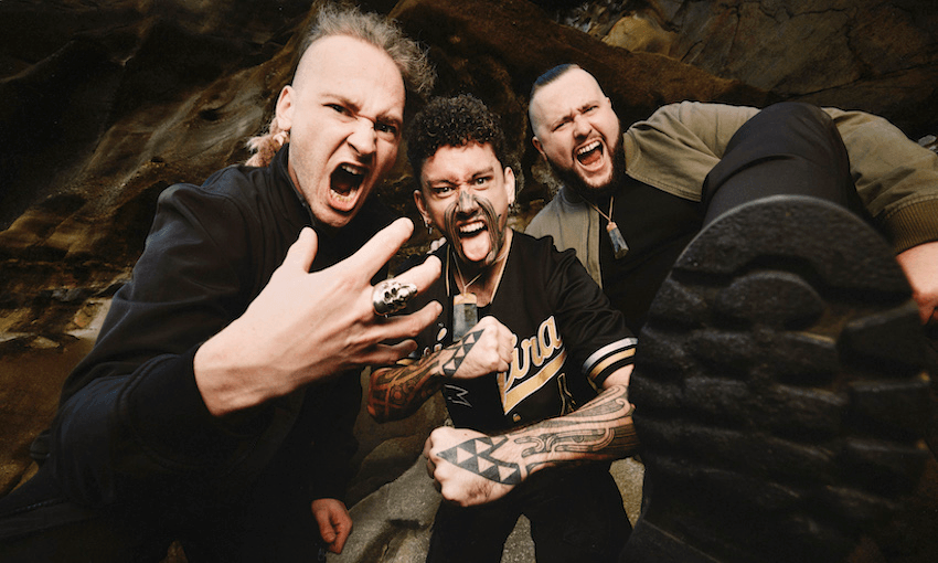 Lewis Raharuhi de Jong, Tūranga Porowini Morgan-Edmonds and Henry Te Reiwhati de Jong are Alien Weaponry. (Photo: Frances Carter)