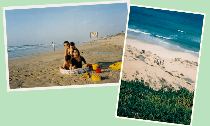 two photos on a backgroun, of families on a beach with the ocean behind them