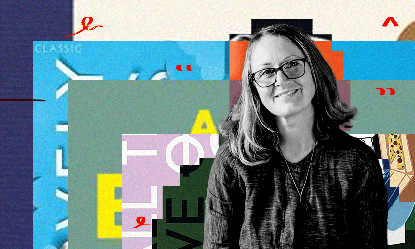 A photo of author Kiri Lightfoot, with a collage of book covers behind her.