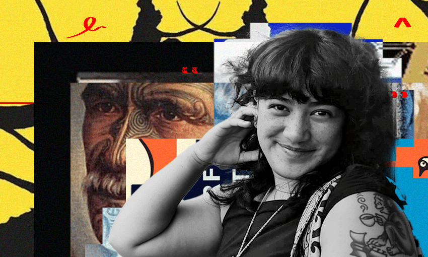 A photograph of Mairātea Mohi with a collage of book covers behind her.