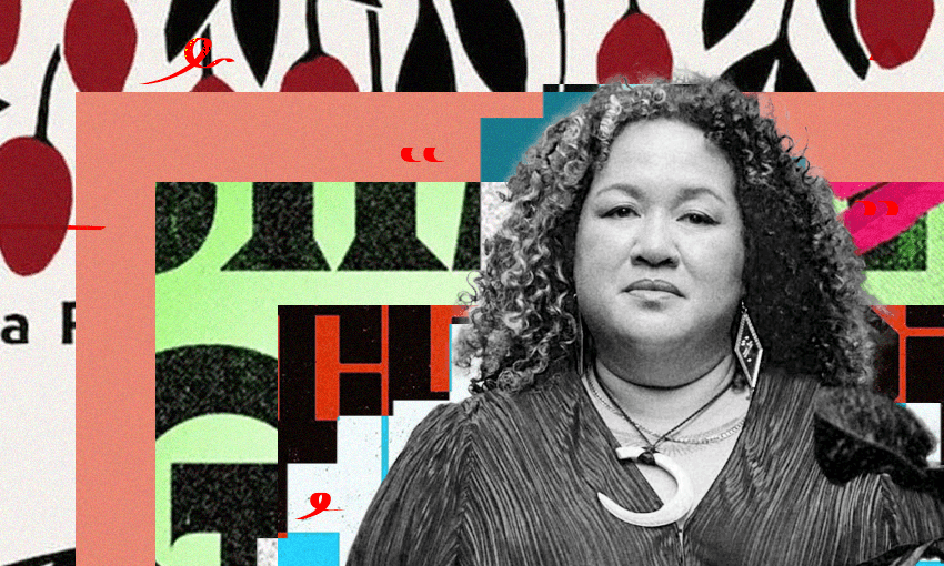 A photograph of poet Nafanua Purcell Kersel with a background of book covers.