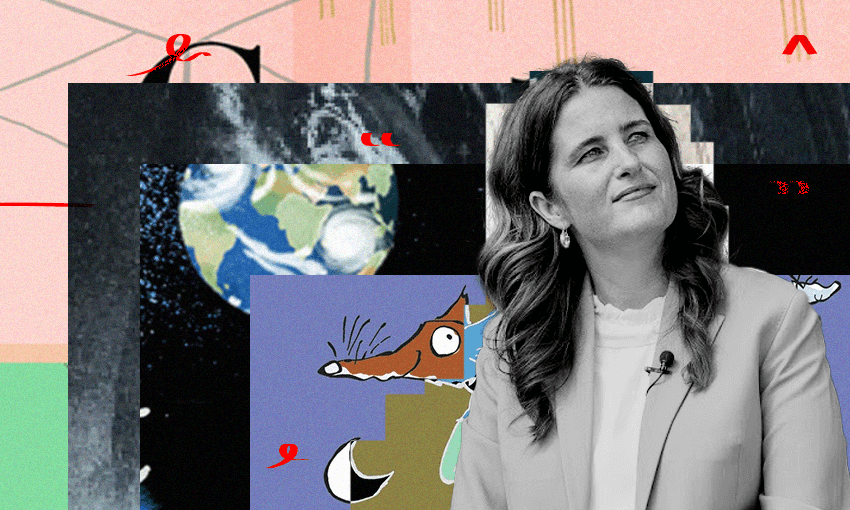 A photo of Nicola Willis with a collage of book covers behind her.
