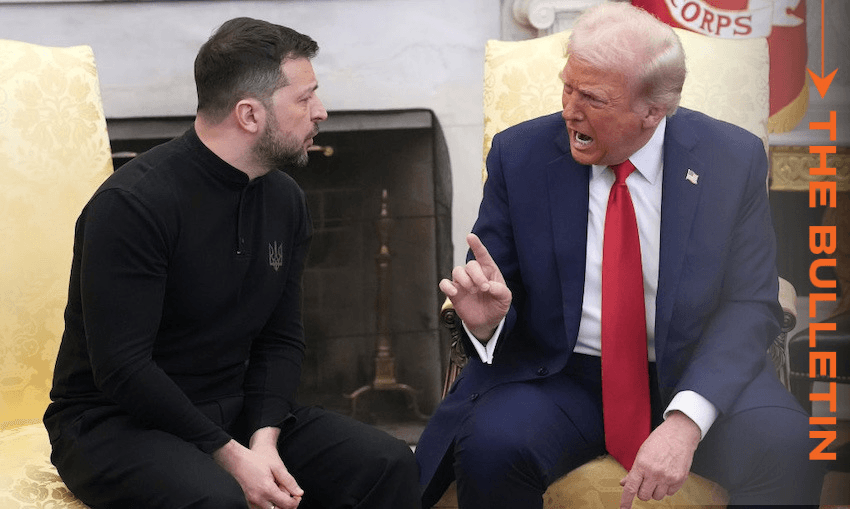 trump, a man with puffy blond hair and a red tie seems to yell at volodymyr zelenskyy