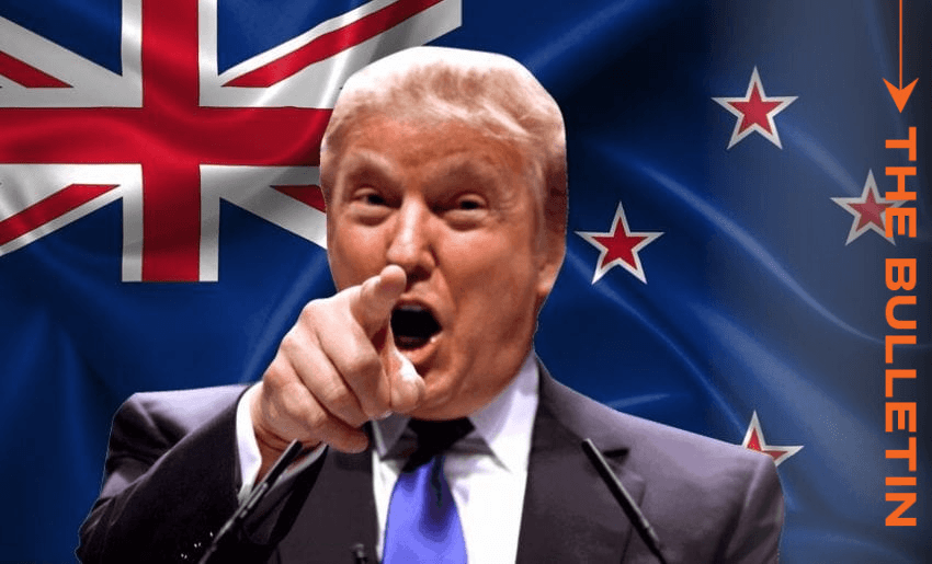 Donald Trump in front of a NZ flag. (Image: Getty/The Spinoff) 
