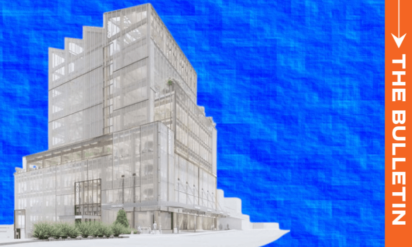 An image showing the form of the planned Fearon Hay-designed commercial building (Image: James Kirkpatrick Group/The Spinoff) 
