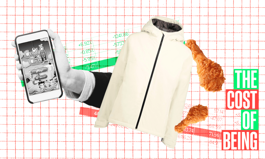 A collage on a grid background features a hand holding a smartphone with a game, a white jacket, a fried chicken drumstick, and the text "THE COST OF BEING" in red and green. Rows of numbers are visible behind the main elements.