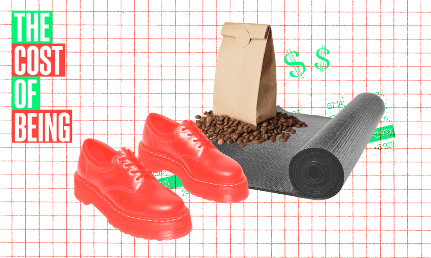 A collage with red shoes, a brown paper bag spilling coffee beans, and a grey yoga mat on a grid background. Green dollar signs and text reading "The Cost of Being" are present.
