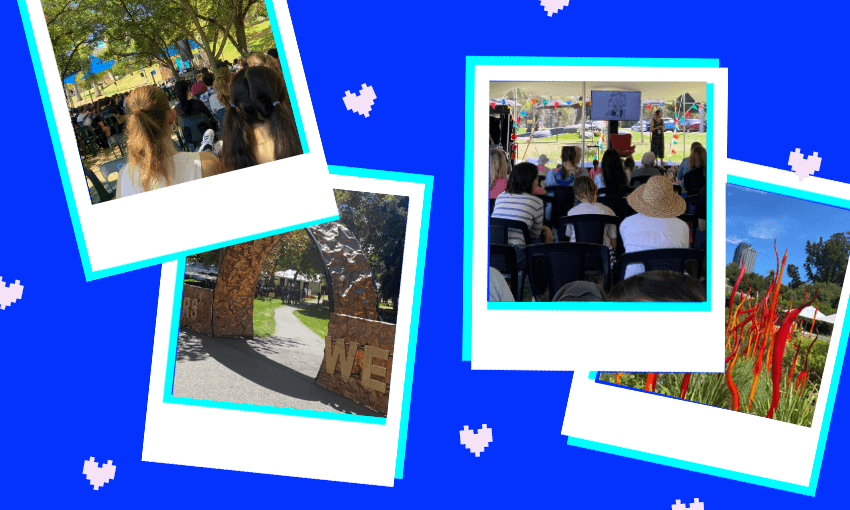 Collage of outdoor event photos: People seated under a tent, listening to a speaker; two women with long hair seen from behind; an archway entrance with "WE" visible; vibrant red flowers; and trees with blue sky. Polaroid-style frames with heart icons.