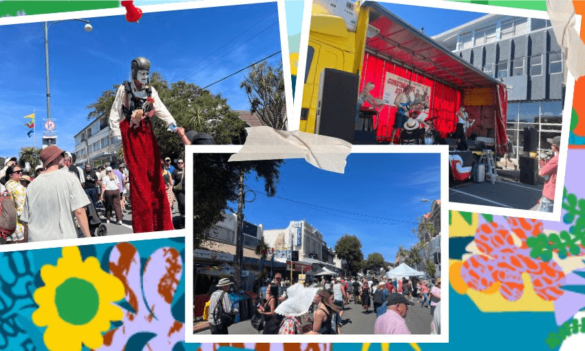 colage of photos of newtown festival on a bright floral background