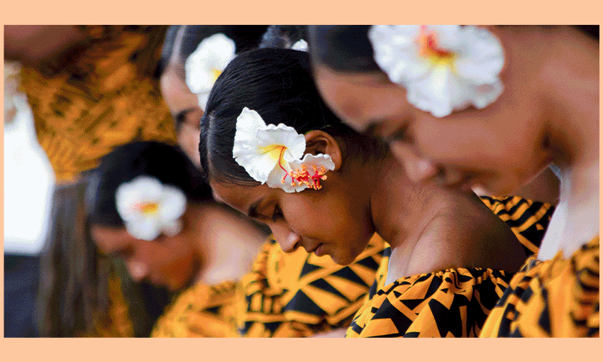 A gallery of photos plays through on a loop. These photos feature performers at Polyfest, most are high school aged and wearing a variety of Polynesian cultural clothing.