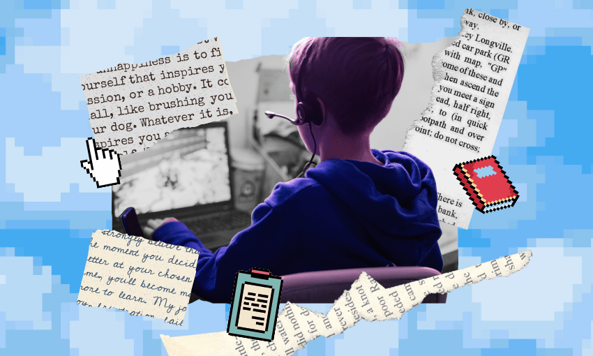 An image of a young boy reading an article on the Internet, surrounded by fragments of print text.