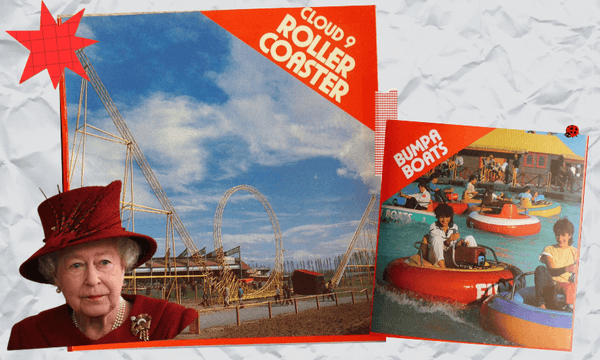 composite image of the queen, the cloud 9 roller coaster and people riding bumper boats