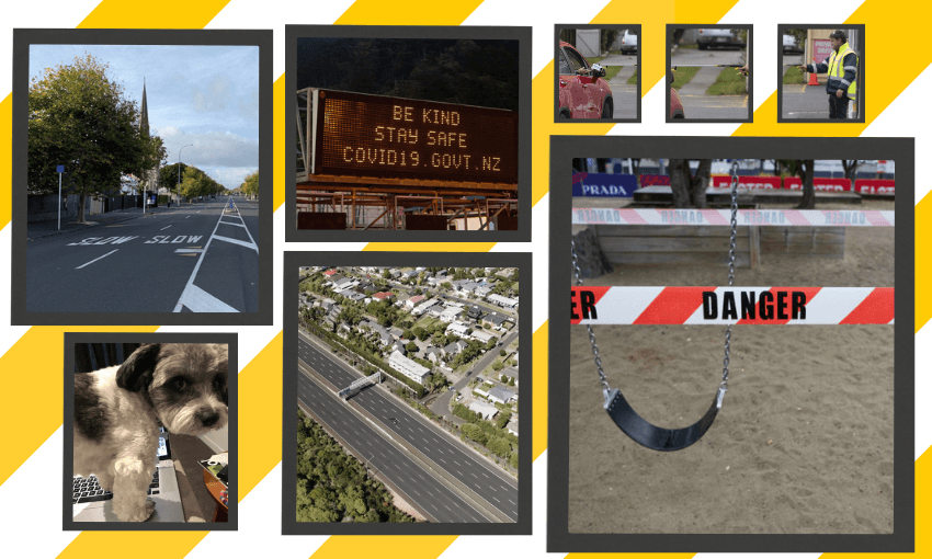 A collage features: a road with "slow" markings, a "be kind, stay safe" COVID-19 sign, road aerial view, a construction worker, a dog, a suburb landscape, a swing with "danger" tape, and a traffic light.
