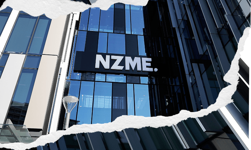 A modern glass building displays the large white letters "NZME." against a dark panel. The architecture features sleek lines and reflective windows. Torn paper edges frame the top and bottom of the image, adding an artistic touch.