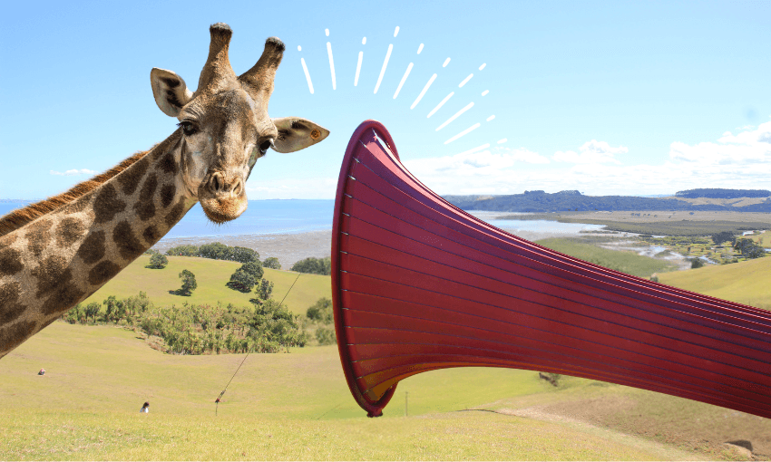 a big red trumpet-like sculpture in a pastoral landscape and a giraffe