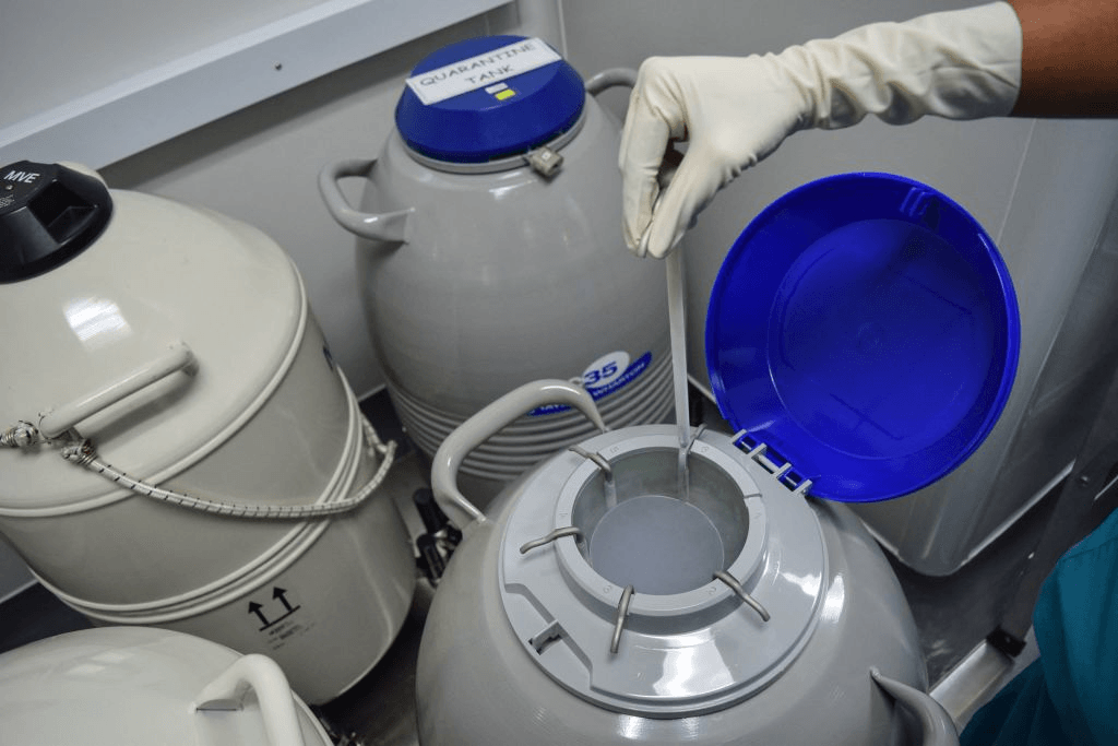 grey metal tanks. one is open with a gloved hand dipping something in. medical vibes.