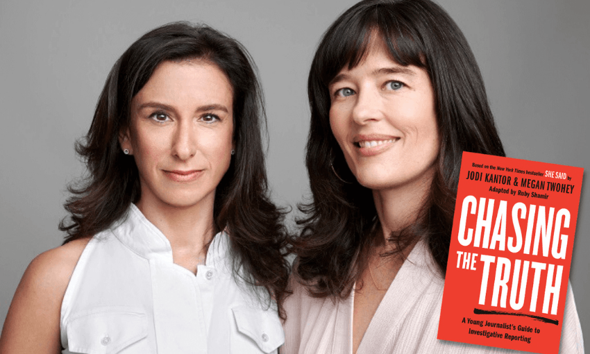 Photograph of Jodi Kantor and Megan Twohey with the cover of their book, Chasing the Truth.