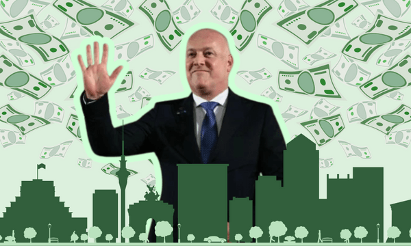 A person in a suit waves, set against a backdrop of numerous dollar bills and a city skyline silhouette. The image suggests themes of wealth or economics.