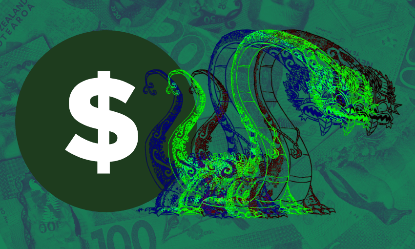 Illustration of a dragon with glowing green and blue patterns, next to a large white dollar sign on a dark green circle. The background features faint images of paper currency.